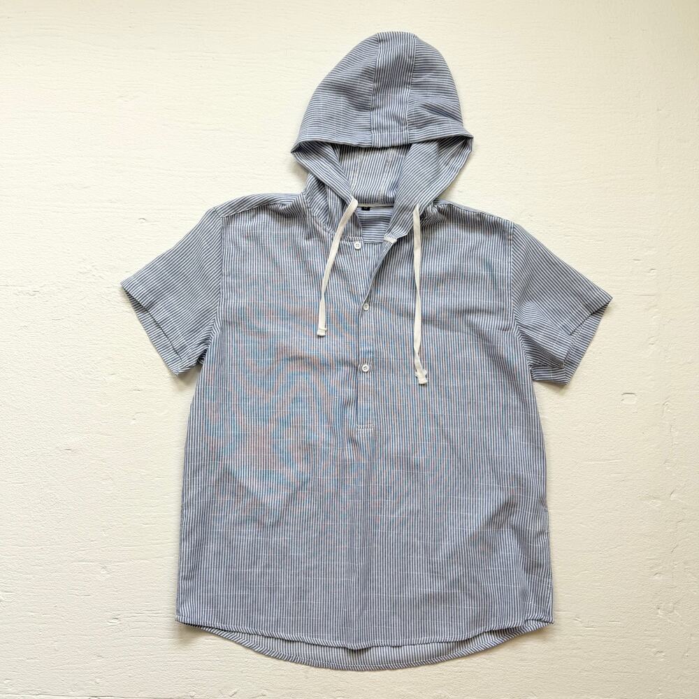 Shein Striped Cotton Blend Hooded Half Button Front Shirt, Size Medium